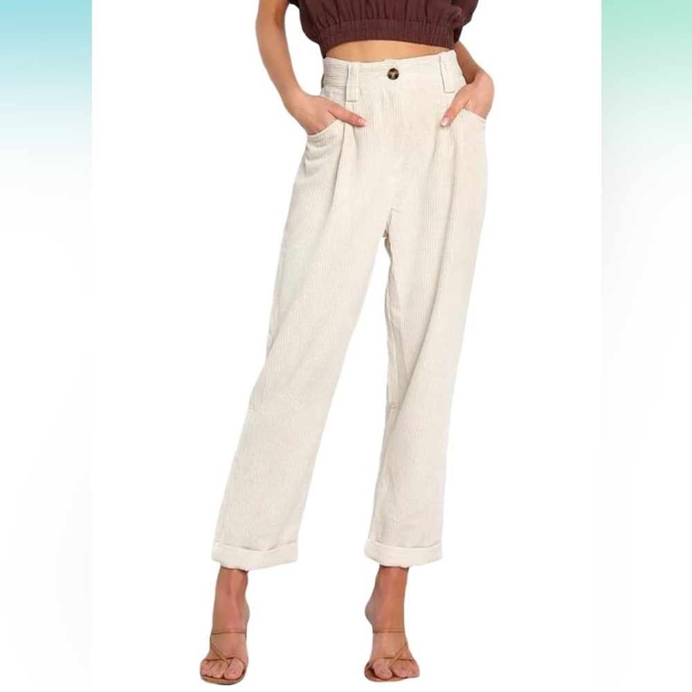 Women's High Waisted Cropped Corduroy Pants Straight Leg Trousers with Pockets